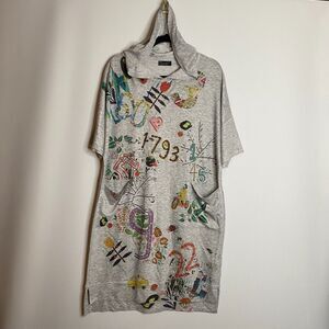 Inoah Shirt Dress Art-to-Wear All-Over-Print Hood Short Sleeve Pockets Size XS